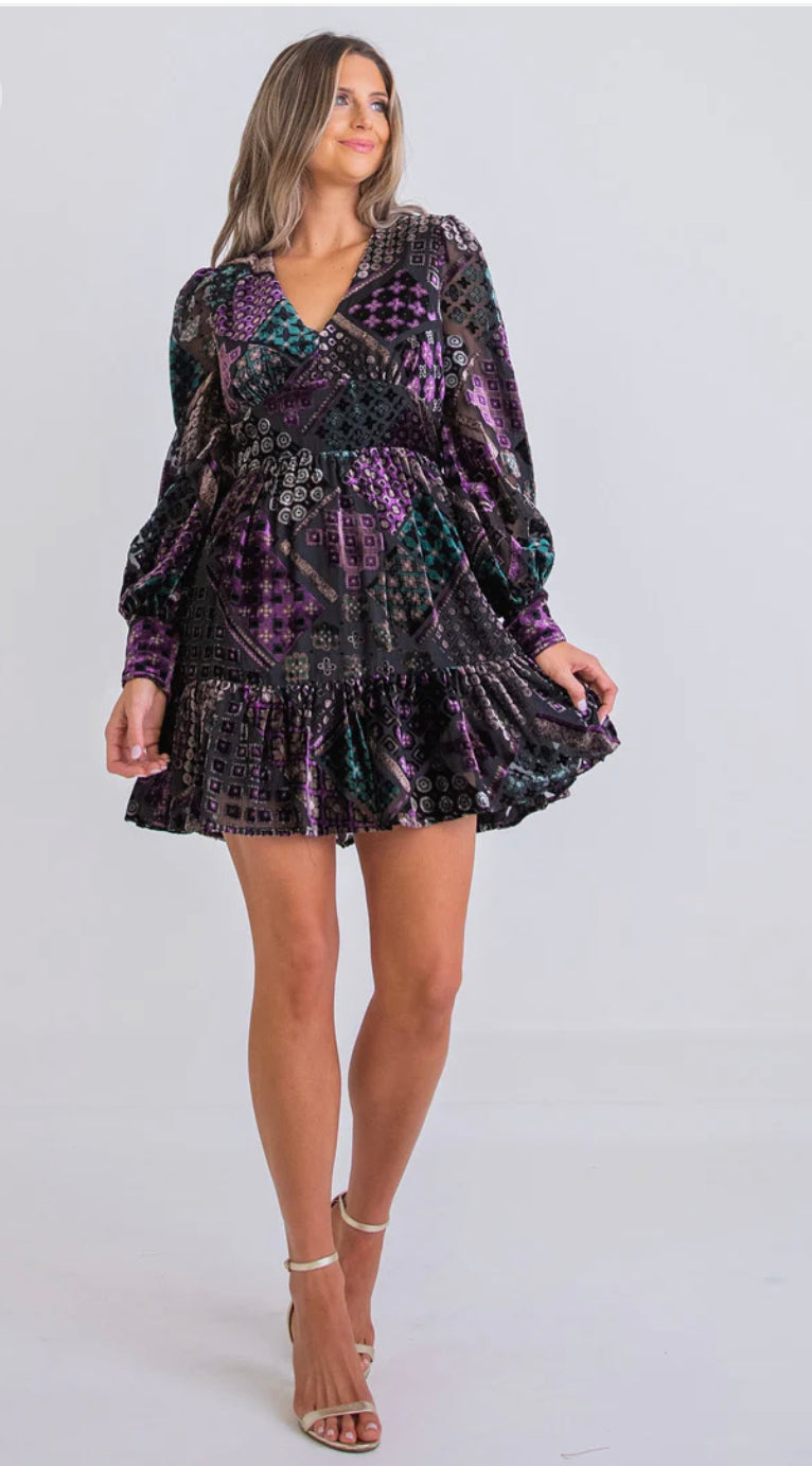 GEO VELVET TIER DRESS