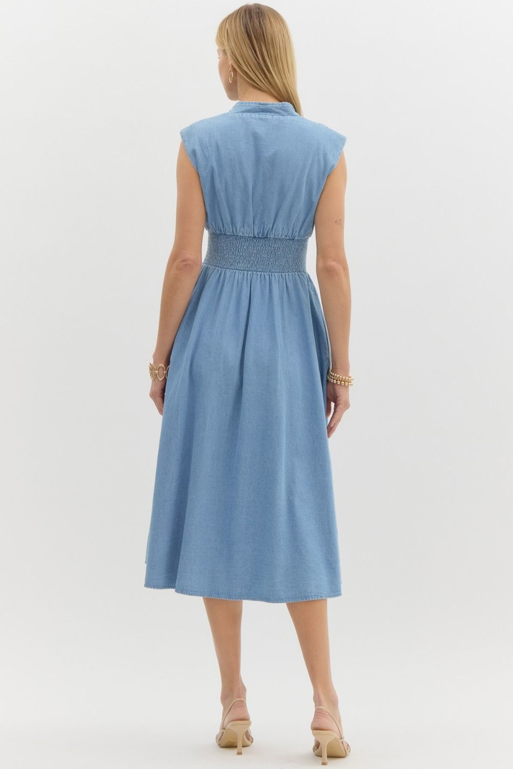 DENIM SMOCKED WAIST MIDI DRESS