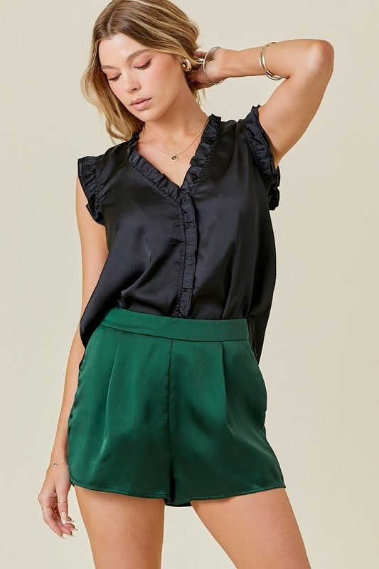 LACIE BLACK SATIN RUFFLE VNECK