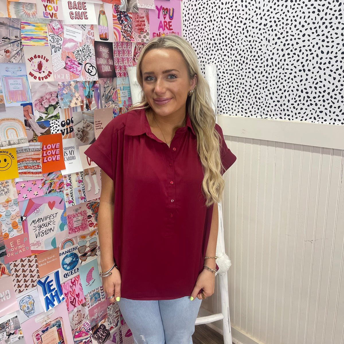 BURGUNDY COLLARED HALF BUTTON  TOP