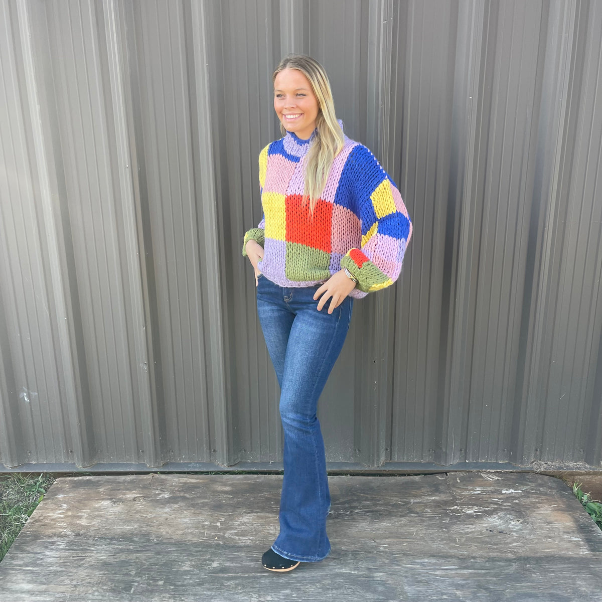 MULTI COLORBLOCK CROCHET MOCK SWEATER