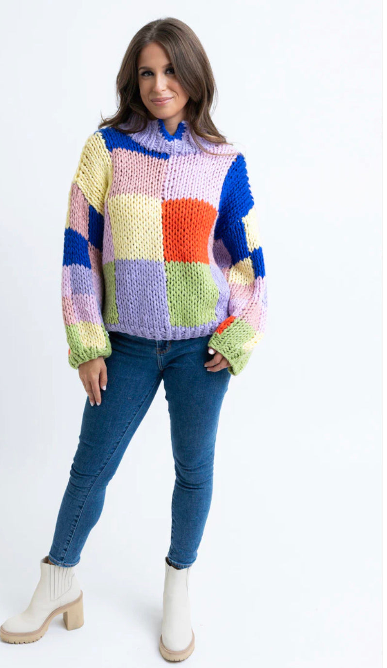 MULTI COLORBLOCK CROCHET MOCK SWEATER