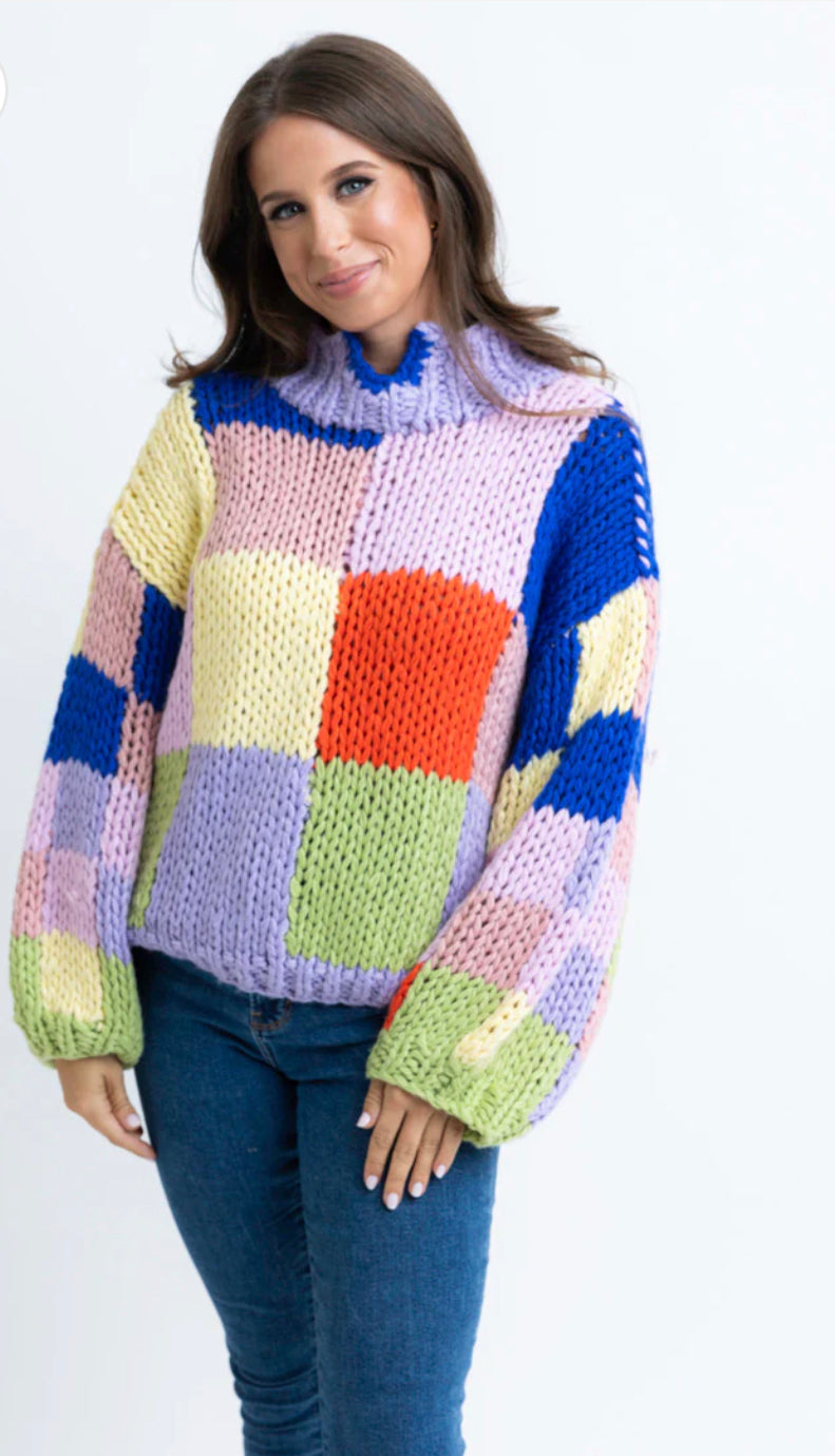 MULTI COLORBLOCK CROCHET MOCK SWEATER