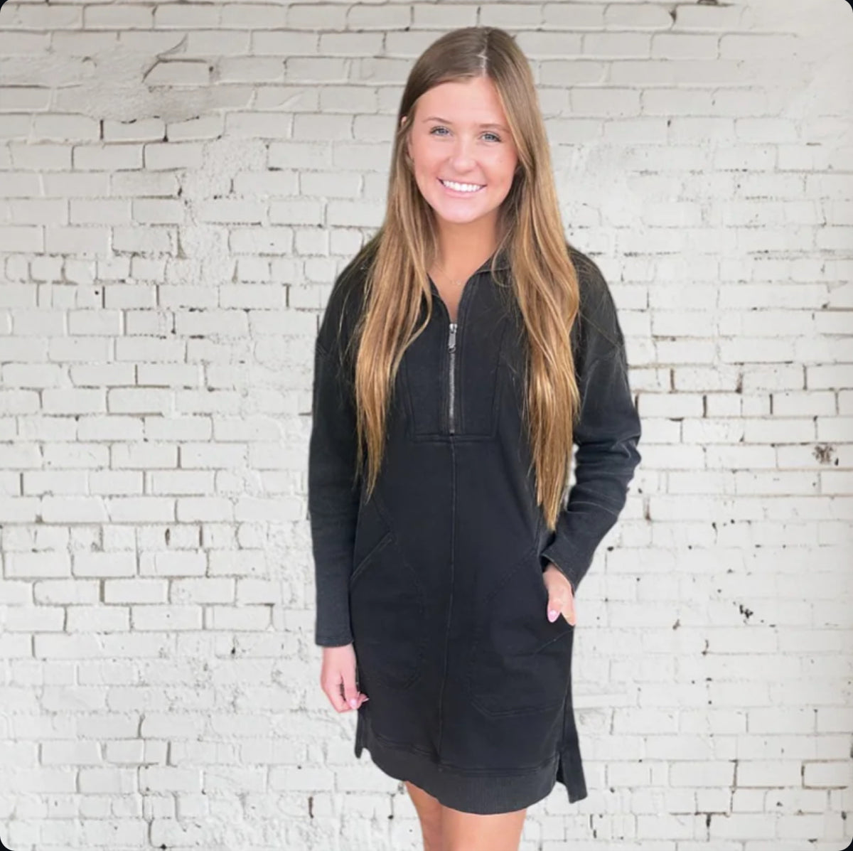 BLACK COLLARED HALF ZIP SWEATSHIRT DRESS