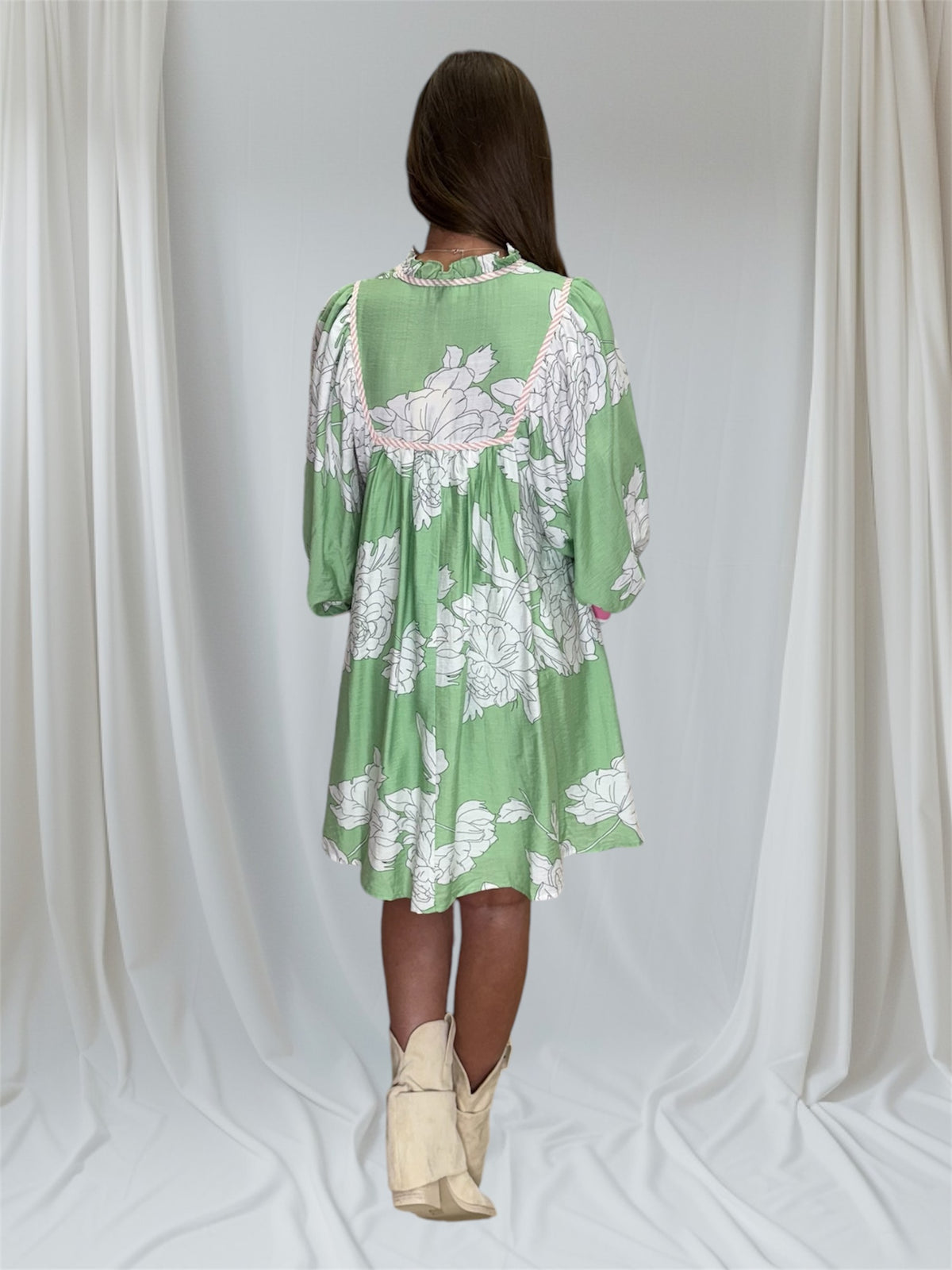 GREEN FLORAL BALLOON SLV DRESS