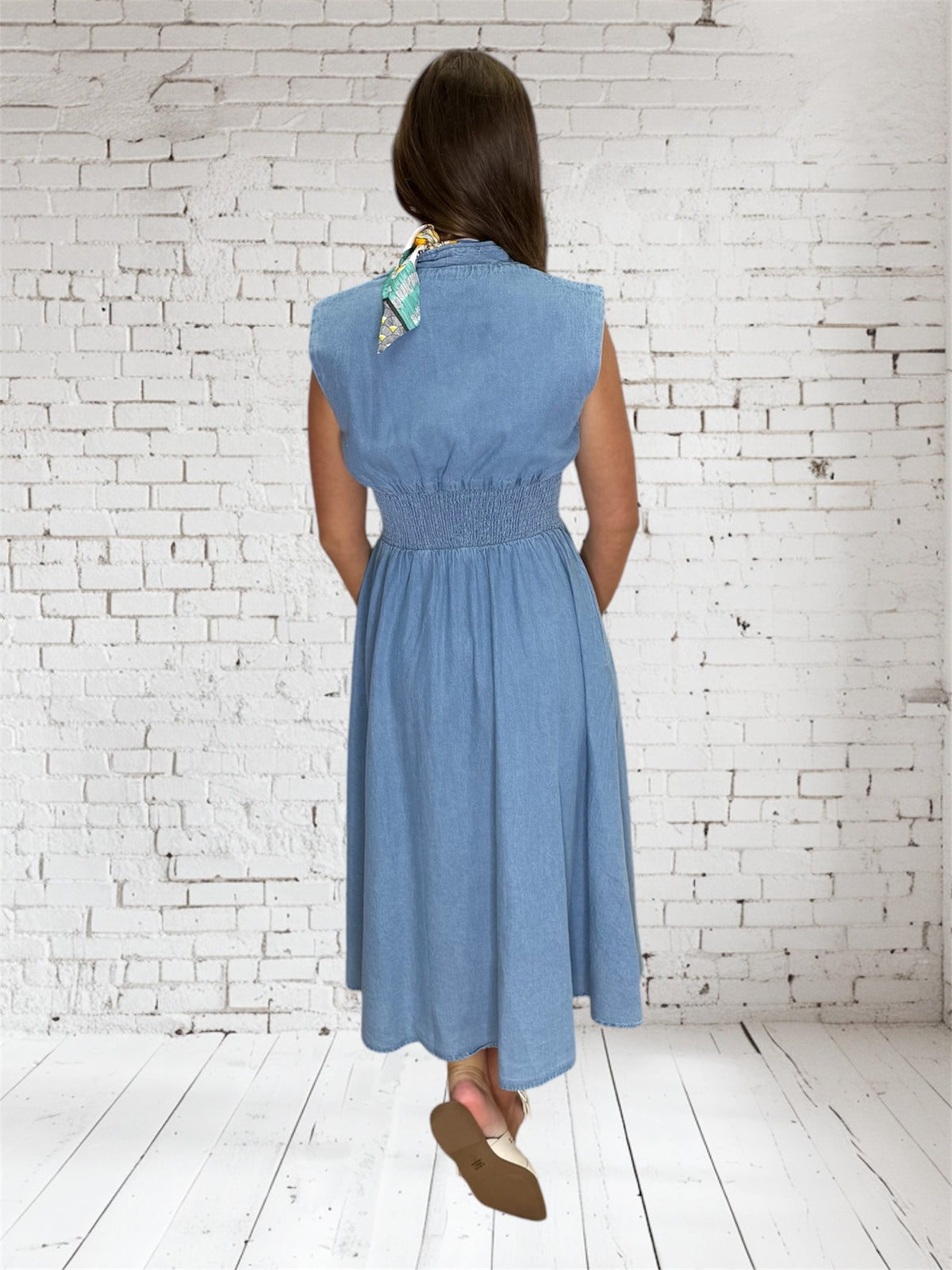 DENIM SMOCKED WAIST MIDI DRESS