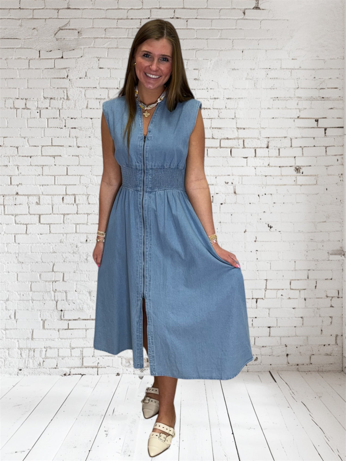 DENIM SMOCKED WAIST MIDI DRESS