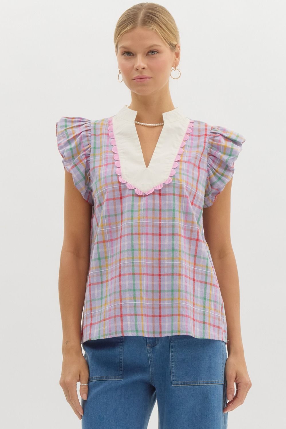 LAVENDER CHECKERED RUFFLE SCALLOPED TOP