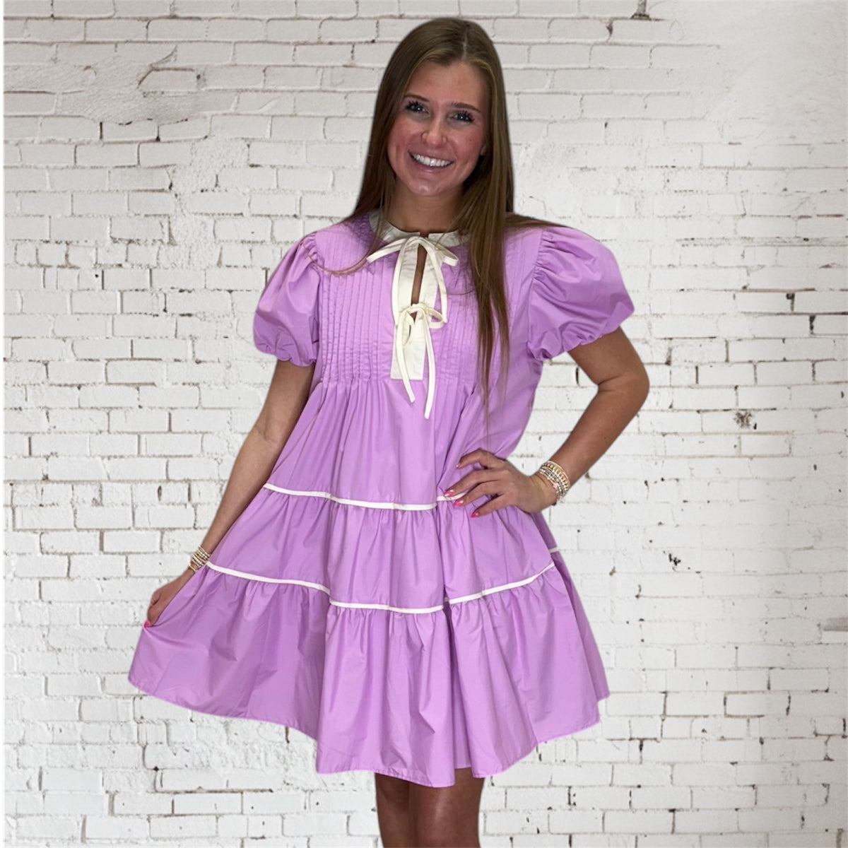 LILAC PINTUCK BUBBLE SLV DRESS