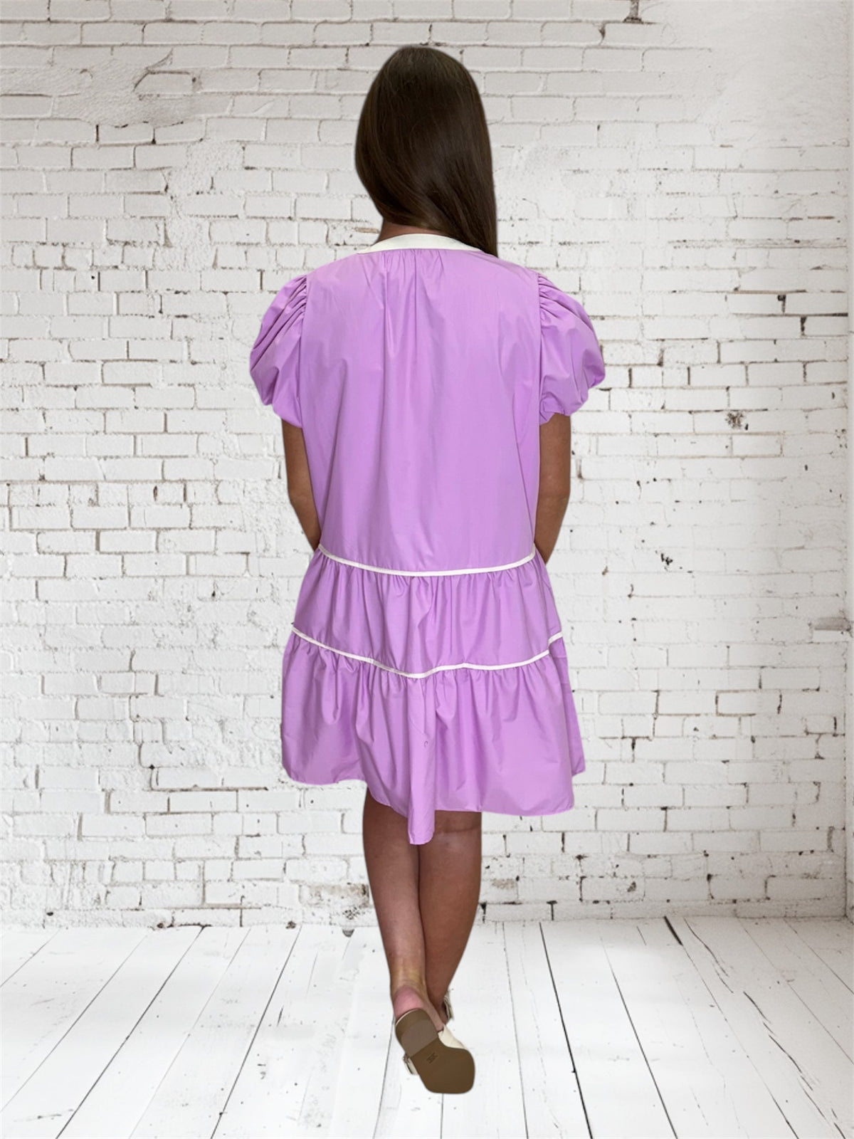 LILAC PINTUCK BUBBLE SLV DRESS