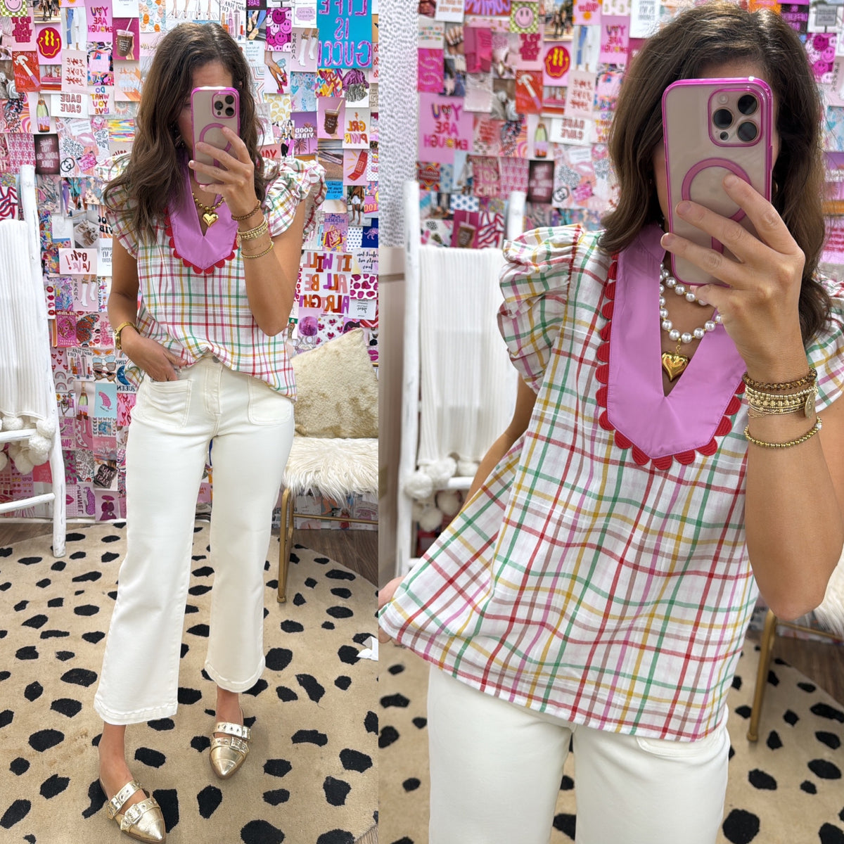 WHITE MULTI COLORED CHECKERED RUFFLE SCALLOPED TOP