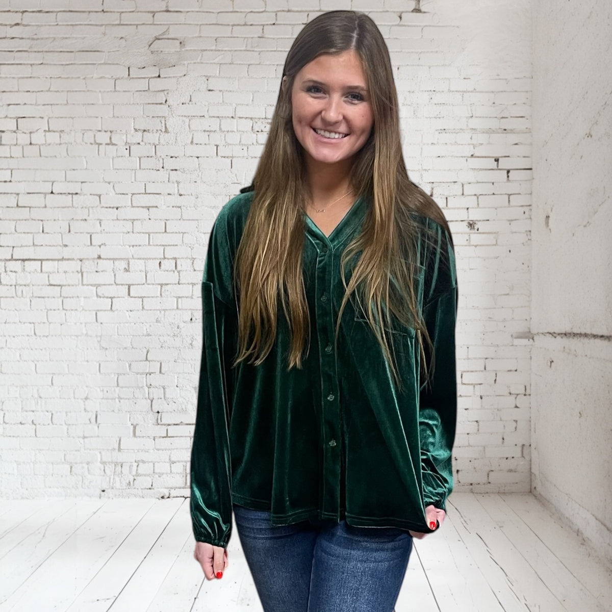 GREEN VELVET BUBBLE SLV TOP