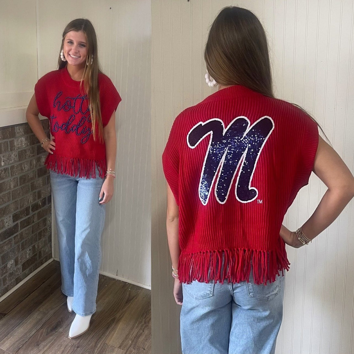 QOS OLE MISS FRINGE SWEATER TOP