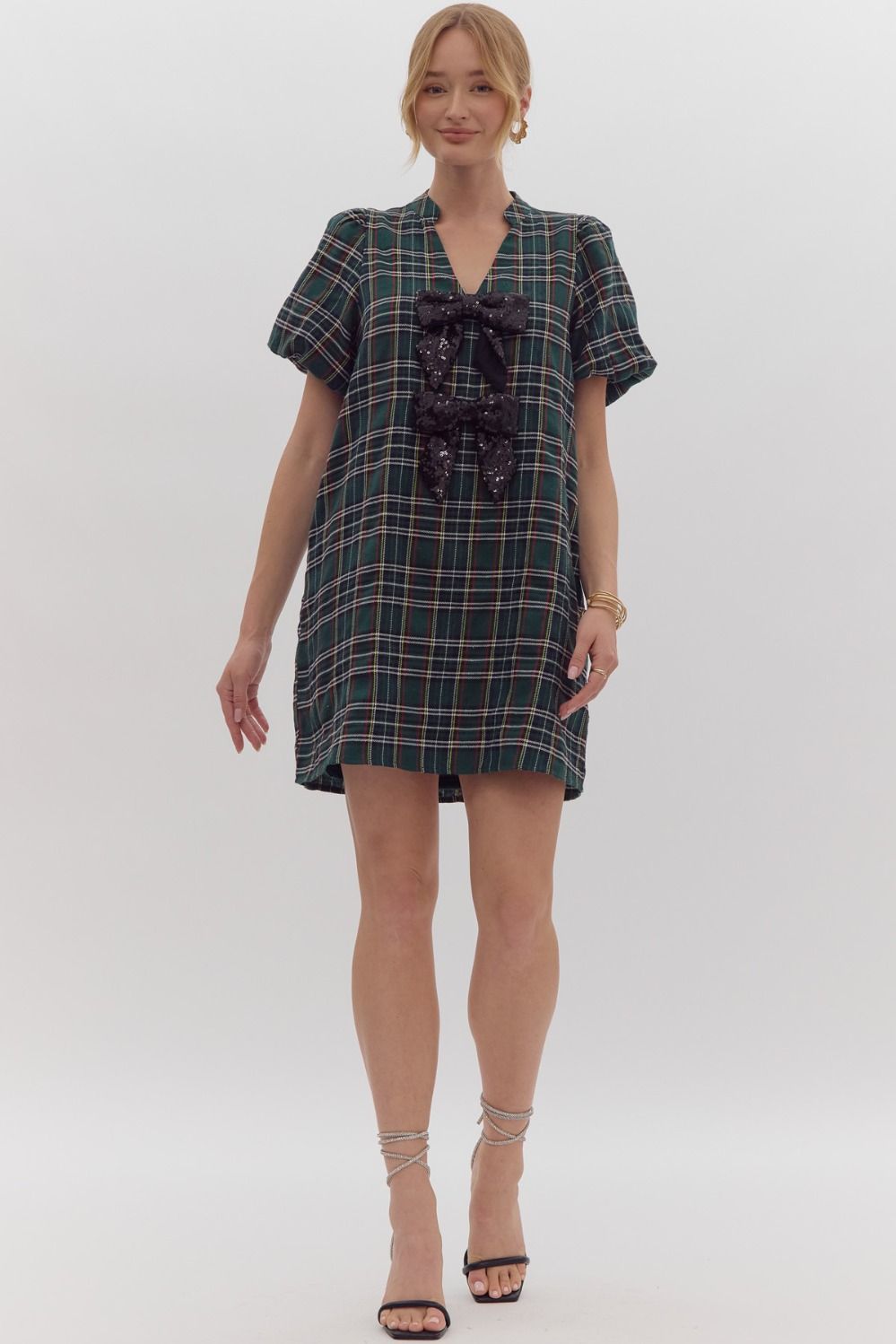 GREEN SEQUIN BOW PLAID DRESS