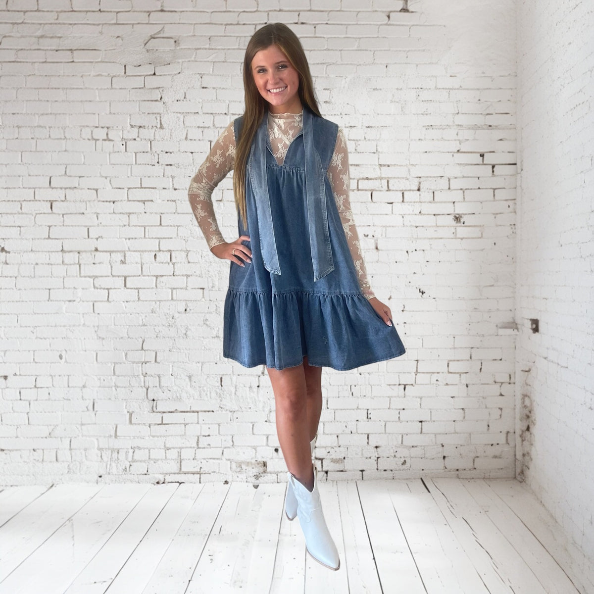 LT DENIM TIE NECK DRESS