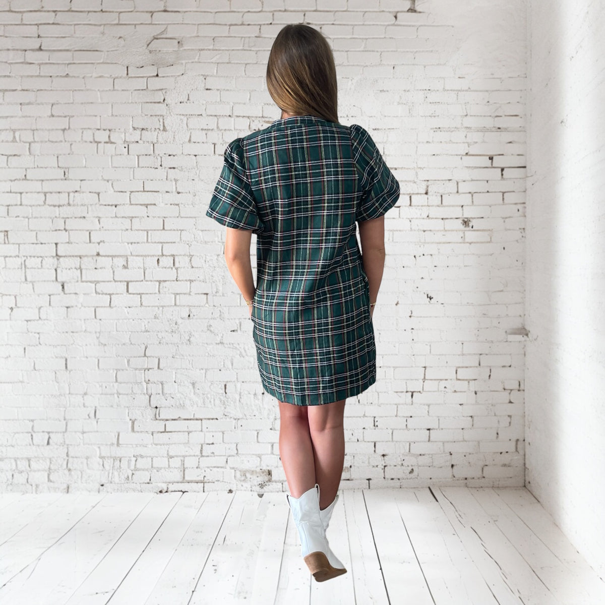 GREEN SEQUIN BOW PLAID DRESS