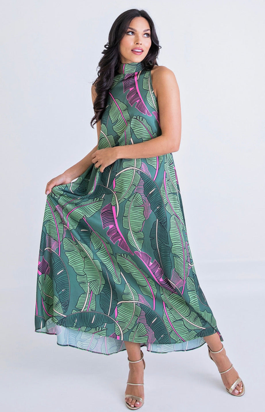 GREEN LEAF HALTER KEYHOLE MAXI