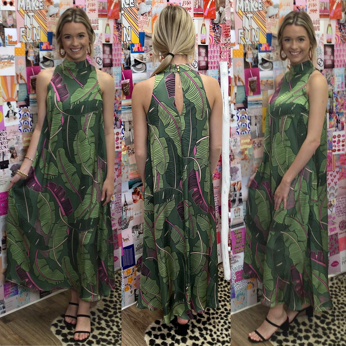 GREEN LEAF HALTER KEYHOLE MAXI