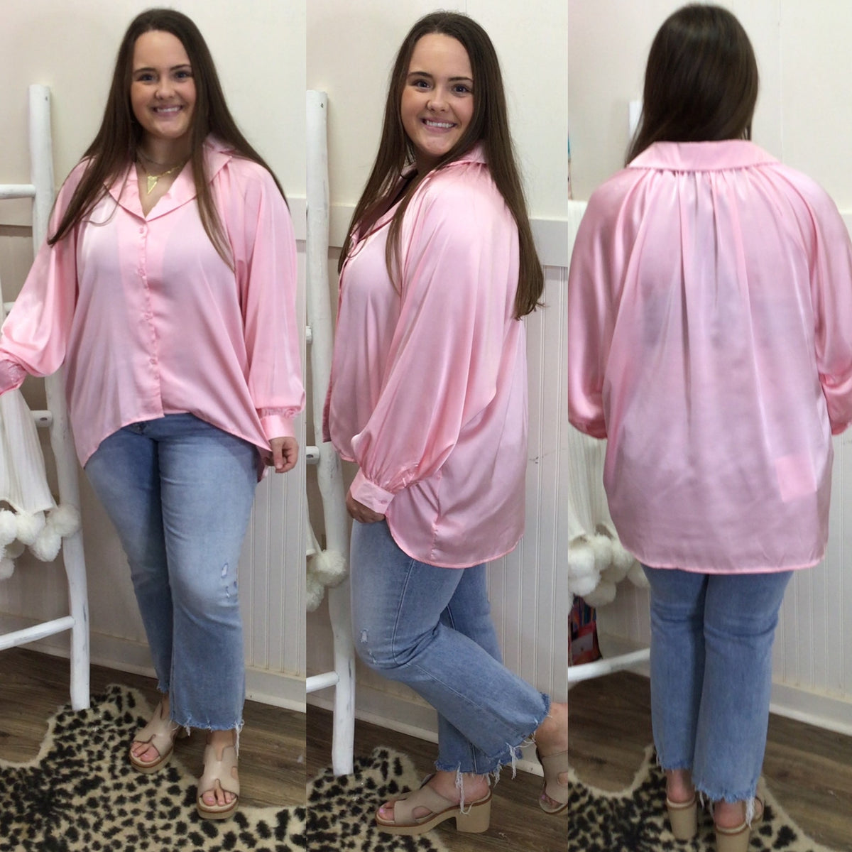 BLUSH BUTTON HI LO BLOUSE