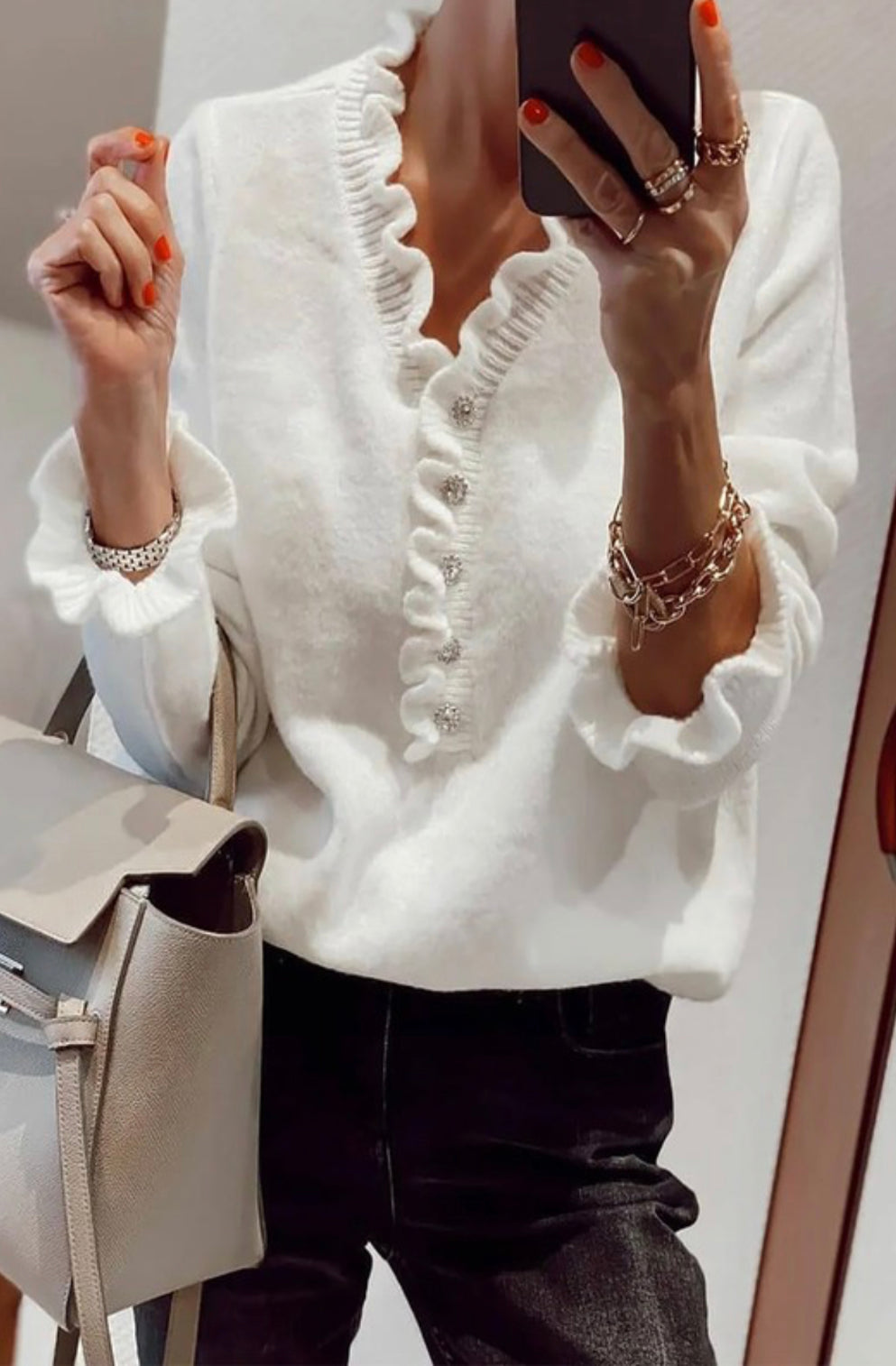 WHITE RHINESTONE BUTTON SWEATER