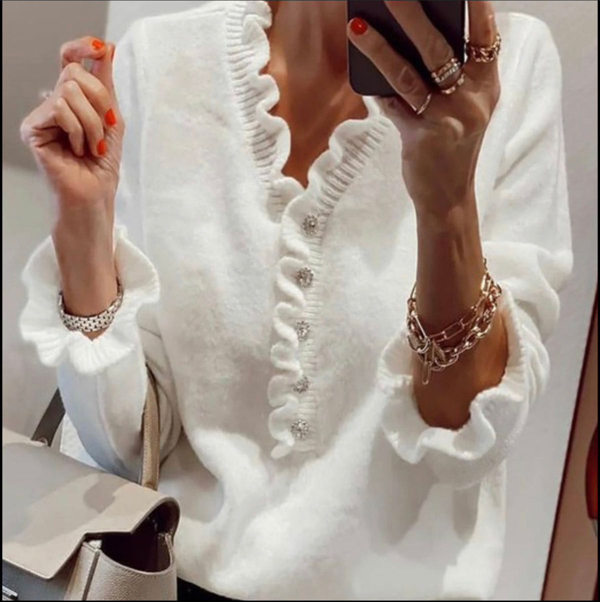 WHITE RHINESTONE BUTTON SWEATER