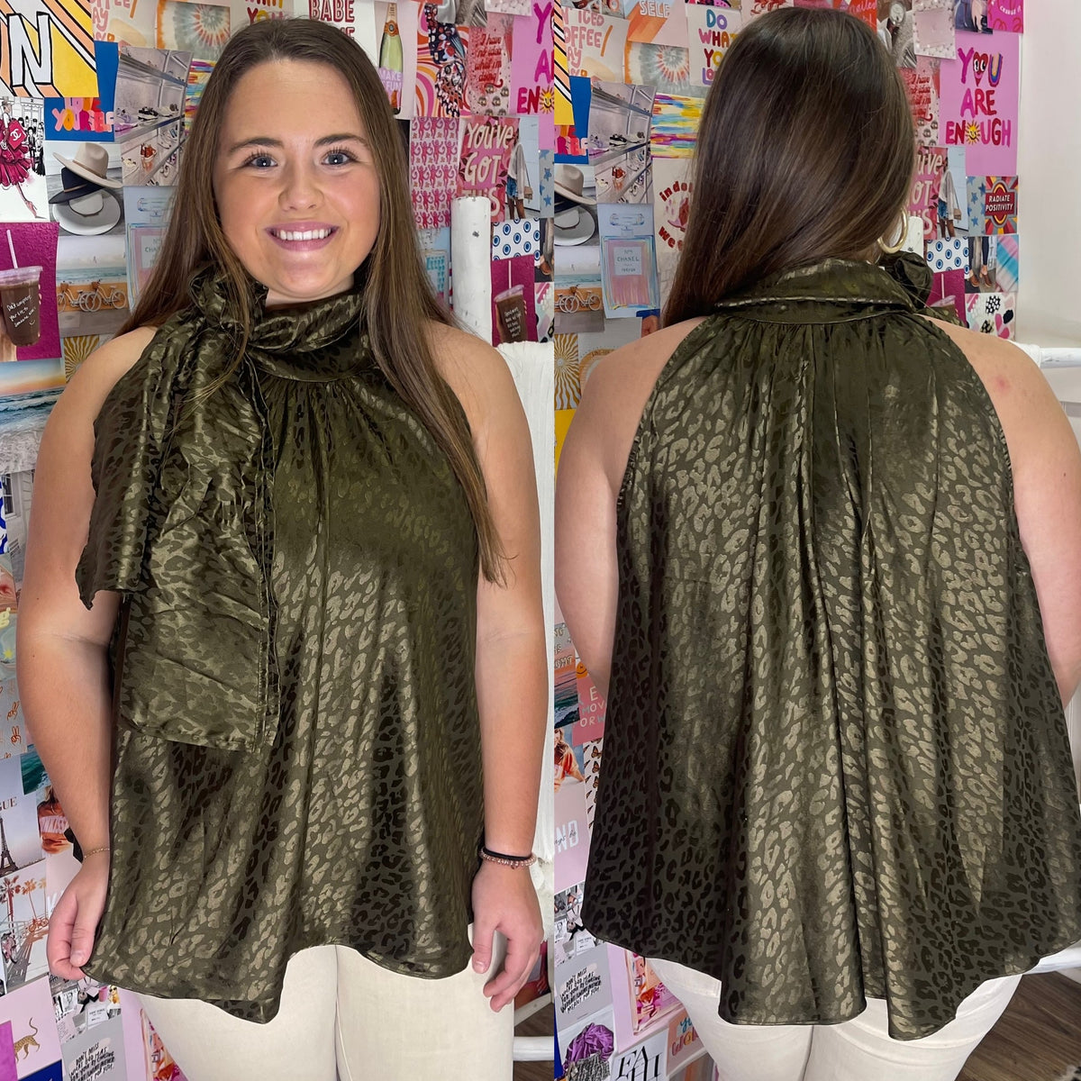 OLIVE LEOPARD TIE BOW TOP