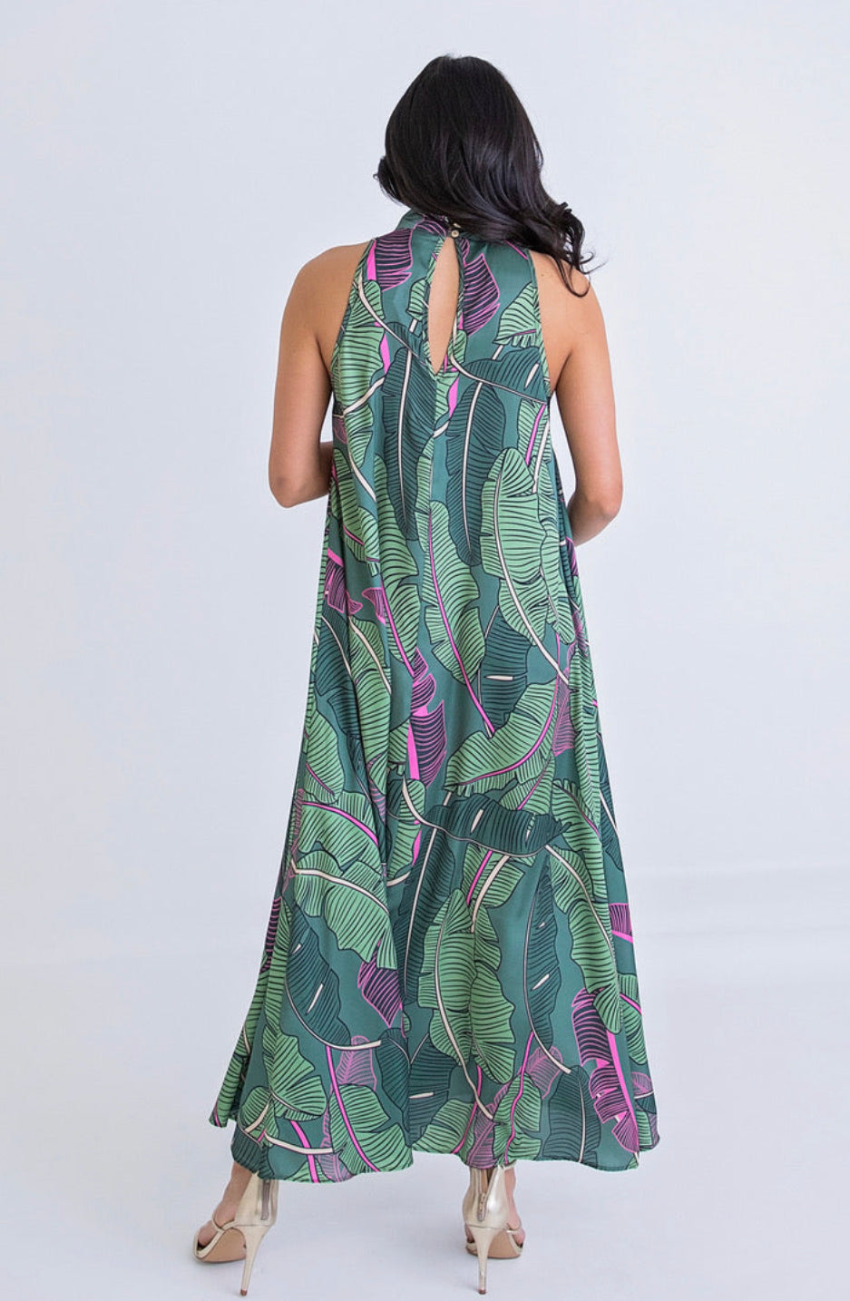 GREEN LEAF HALTER KEYHOLE MAXI